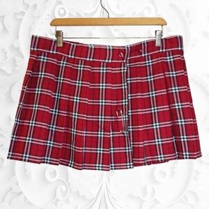 Red Plaid Pleated Mini-Mini Skirt With Front Button And Safety Pin Closure